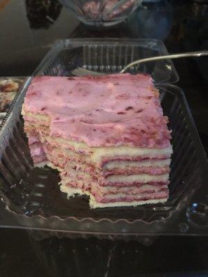 The raspberry cake I had on my birthday. Look at all the layers!