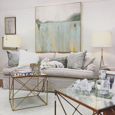 Soft and calming palette + delicate accents for this coastal chic look - in store at Fraîche in Richmond VA.