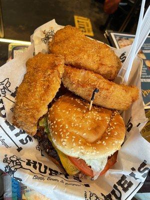 World famous Huey burger with vegan patty and onion rings