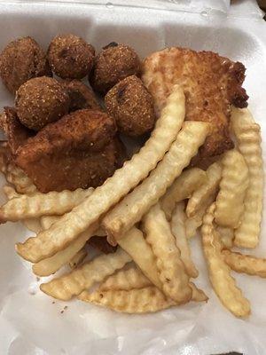 Walleye meal with hush puppies and French fries (3.5/5 stars)