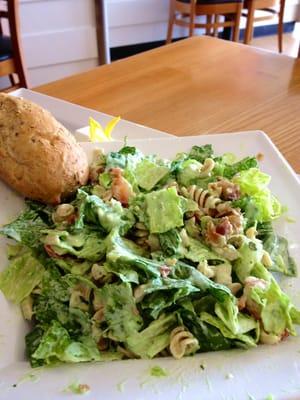 The Turkey Club Salad with Green Goddess salad dressing! Wheat pasta and wheat roll !