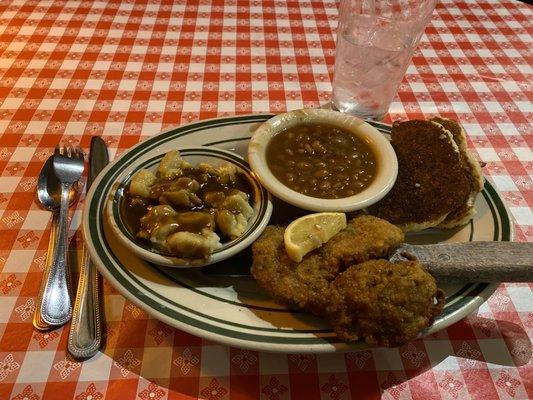 Wiener Schnitzel, Spaetzle, beans and cornbread cakes