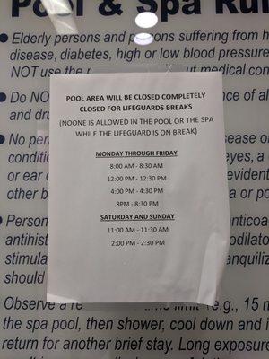 Pool closures for lifeguard breaks.  Note LA Fitness Irondequoit doesn't do this.