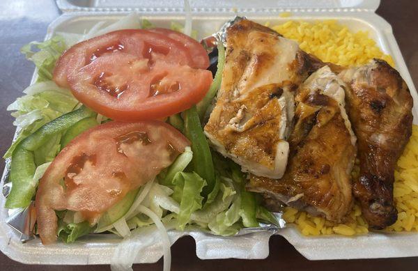 1/4 BBQ chicken lunch special with rice & salad.