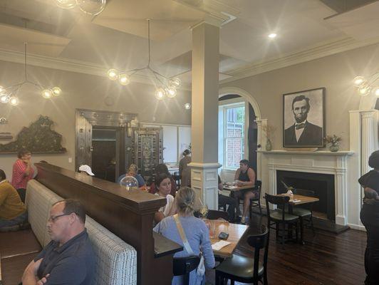 This is a photo of the interior of the Mercantile.  The old bank fault was converted to dining space.