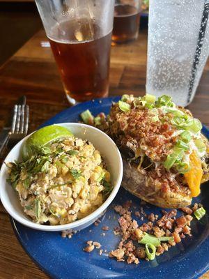 Elotes and brisket baked potato