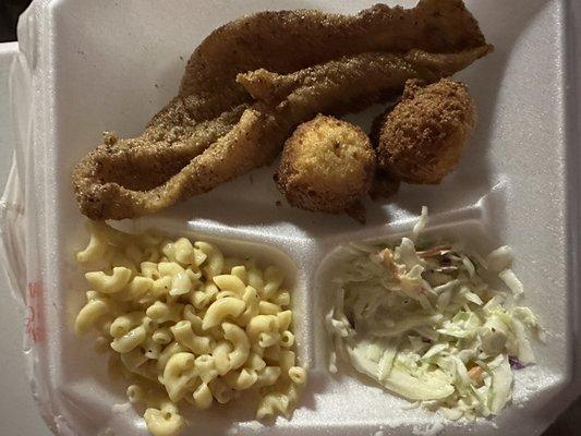 Fish, slaw, hush puppies and Mac & cheese