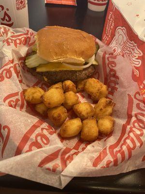 Cheese curd, and a hamburger