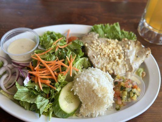 Macadamia nut crusted marlin, rice and salad. Mango salsa