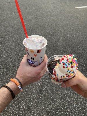 Cotton candy blizzard and hit fudge sundae