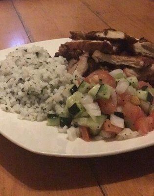 Plated: Shawarma Chicken, Israeli Salad and Cilantro Lime Rice