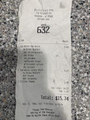 Order receipt and number which was taken from me. Had to snap a pic before they did to confirm my order.