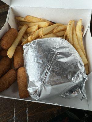 small tray with burger, fries & hush puppies