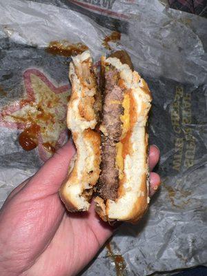 Awful super dry meat patty on a western bacon cheeseburger ‍