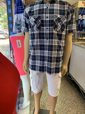 blue plaid button up styled with white cargo shorts