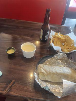 Burrito, chips and queso