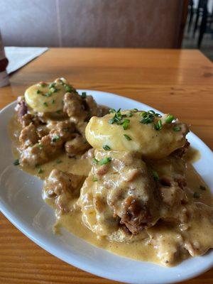 Fried Chicken & Biscuits with Sausage Gravy and Poached Eggs