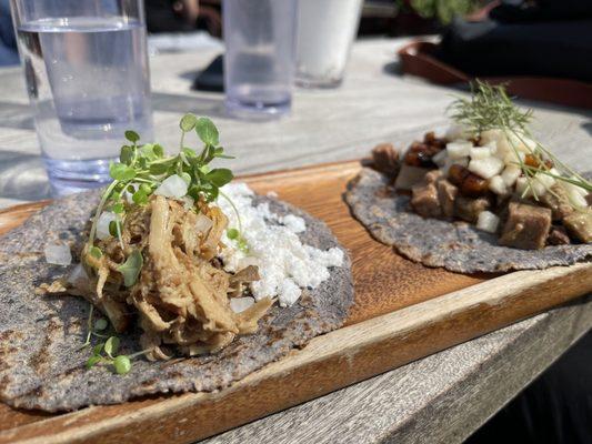 Lengua and carnitas tacos