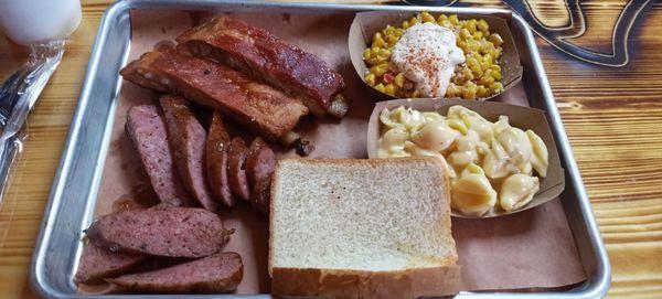 2 meat Pork Ribs and Sausage plate with Mac and cheese and street corn