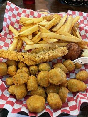 Fried catfish, fries, fried okra and hush puppies