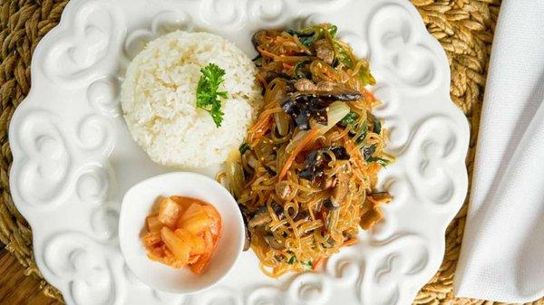 Korean Traditional Gluten Free Glass Noodle Plate "Japchae" for a nutritious meal.