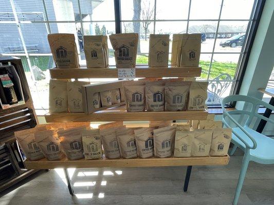 Coffee bags with ground and whole beans from roaster in Heath, Ohio