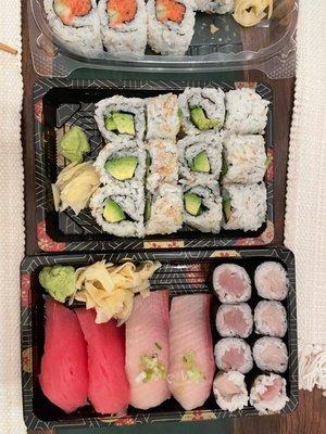 Take out order, Avocado Box, Yellowtail Sushi, yellowtail roll, Tuna Sushi, spicy tuna, speciality roll