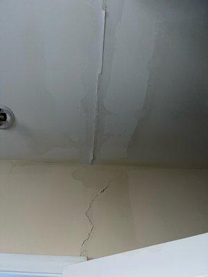 Water damage on the ceiling and walls.