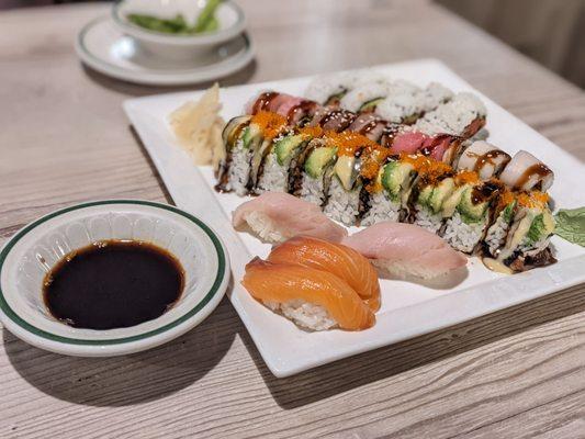 Yellow fin, salmon, rainbow roll, and spicy tuna roll