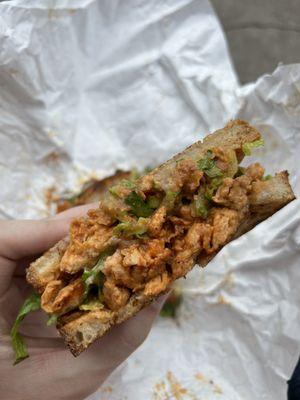 Vegan Buffalo chicken sandwich made with soy curls