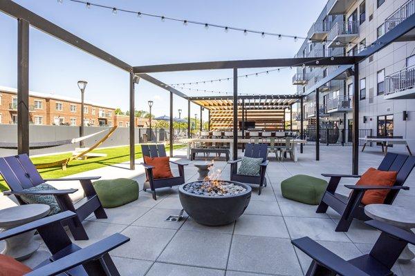 Cozy outdoor firepit located on the outdoor deck