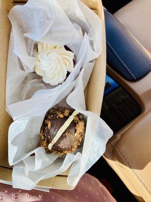 Red Velvet Cupcake with Cream Cheese Frosting, Peanut Butter Fudge Bomb