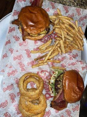 2 bacon burgers, fries, & onion rings