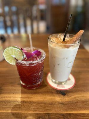 Hibiscus Margarita (left) & Horchata (right)