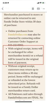 Return Policy Screenshots from the Family Dollar Website.