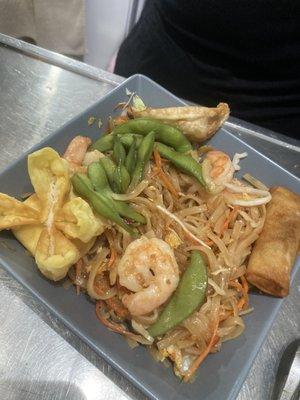 Pad Thai with crab Rangoon and egg rolls