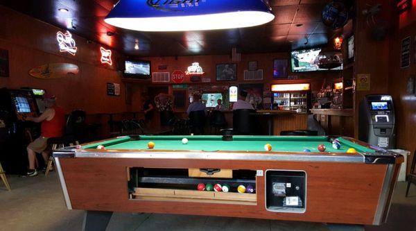 View from the front entrance to the bar including pool table.