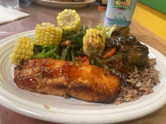 Grill Honey salmon With Rice & Peas & veg