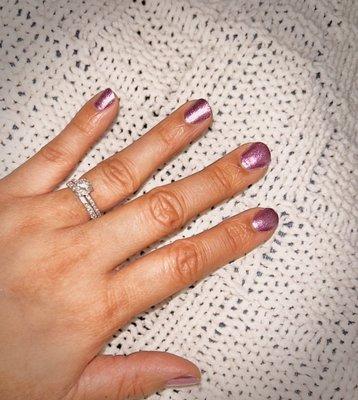 Regular manicure with glitter pink nail polish