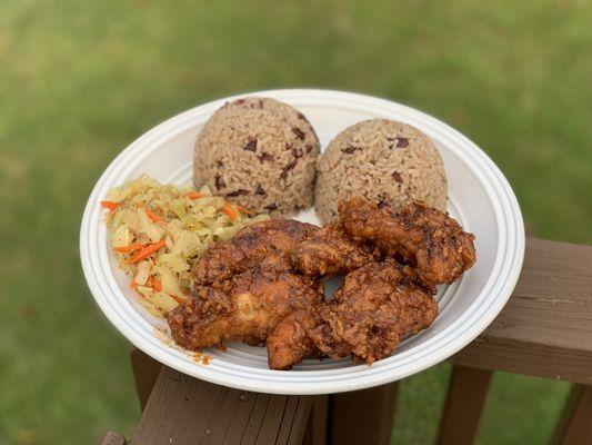 Rice&Peas, Country Fry Chicken BBQ Wings and Cabbage