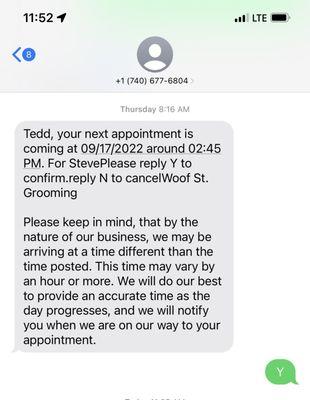 Text exchange with Woff Street Grooming confirming appointment on Thursday