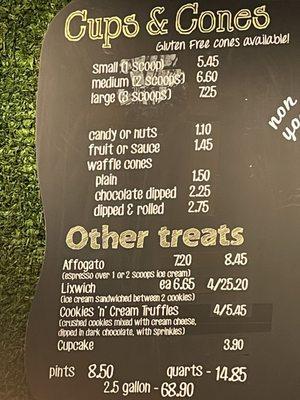 Cones & treats menu