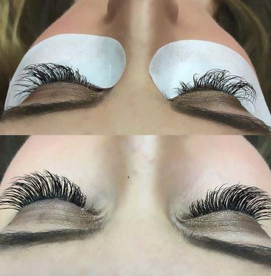 Before and after of lash refill using volume. Lashed by Gina