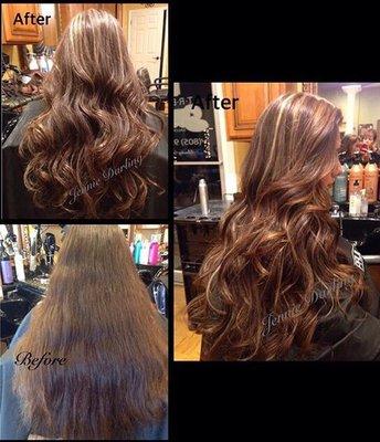 Highlights & balayage & shine. Long layered cut finished with a cascade of waves. Stylist- Jennie Darling