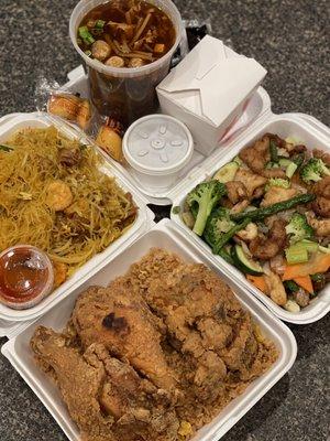 Singapore Noodles, hot & sour soup, stir fried vegetables, fried chicken.