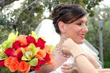 bright, orange pink and green wedding bouquet