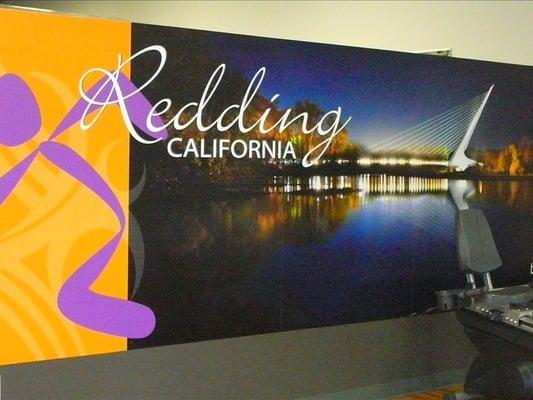 Wall mural for the cardio area. Nice shot of The Sundial Bridge!