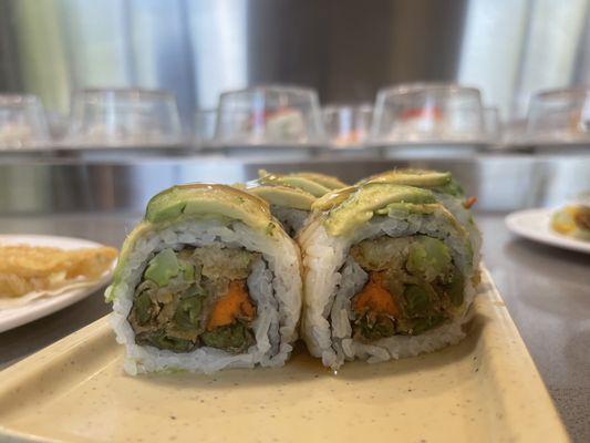 Veggie Dragon Roll- Tempura Green Beans, Yam, Cucumber, Avocado