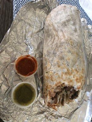 Carne Asada with green and red sauce.