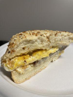 Sausage Egg & Cheese on Everything Bagel